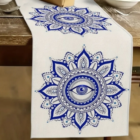100% Knitted Linen Blue Boho Henna Mandala Evil Eye Dustproof Table Runner NEW - Picture 4 of 7